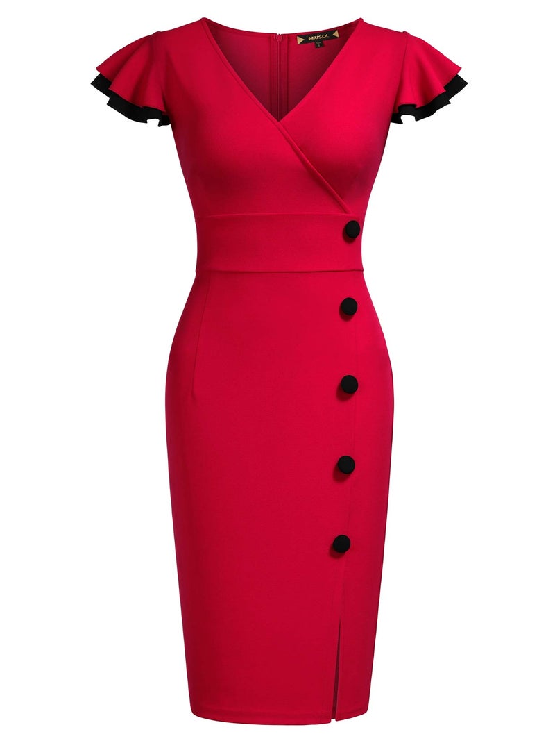 Miusol Women's Navy Style Deep-V Neck Vintage Evening Pencil Dress(Large,Red) - Image 5